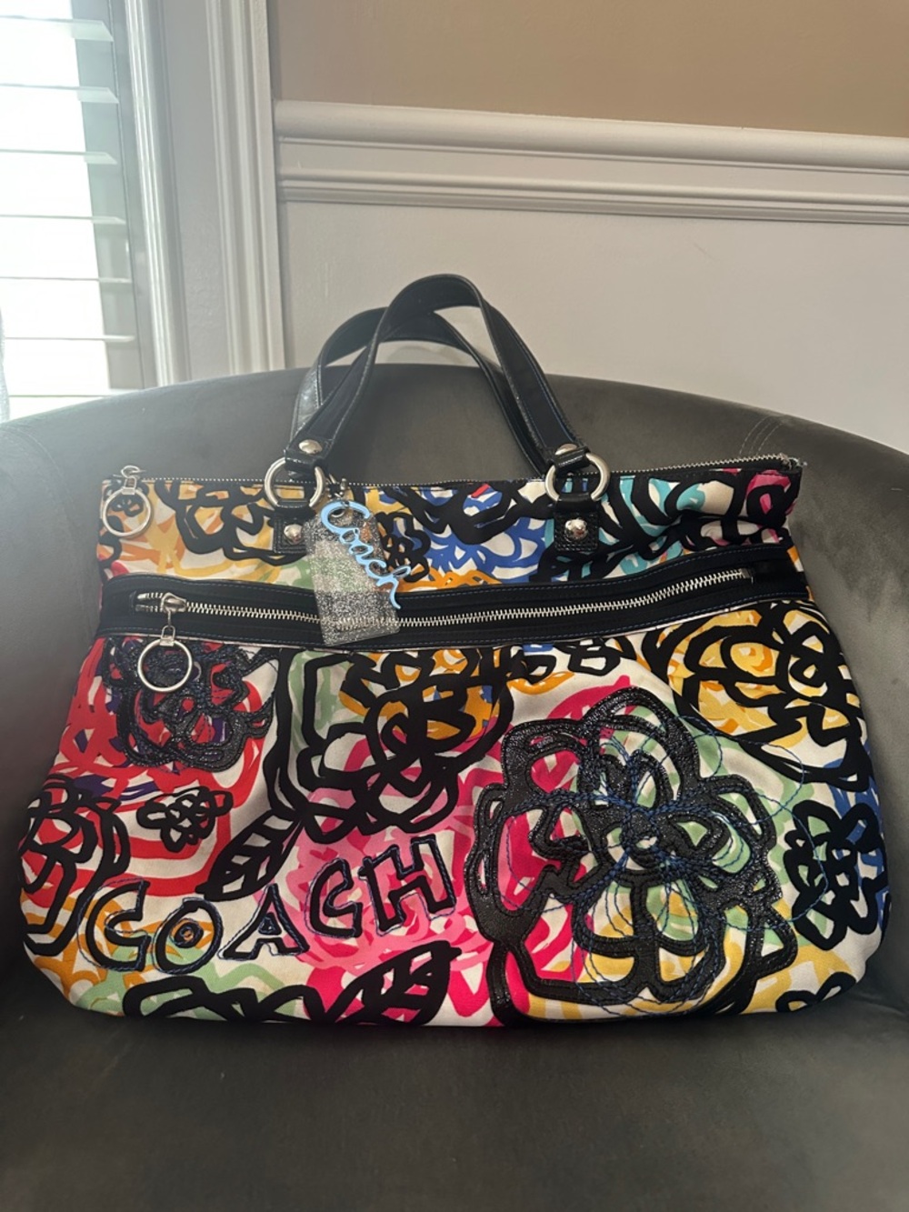 Coach Multicolor Floral Tote with Black Trim